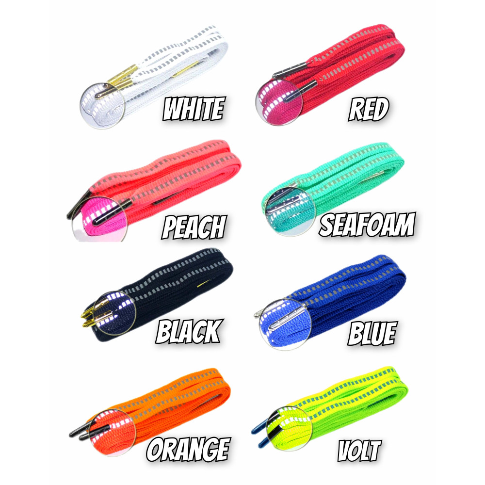 Reflective Flat Laces With Metal Aglets - 8 colors - For Running sneaker- Black - White - Blue - Red - Orange - Peach - Volt - Seafoam -